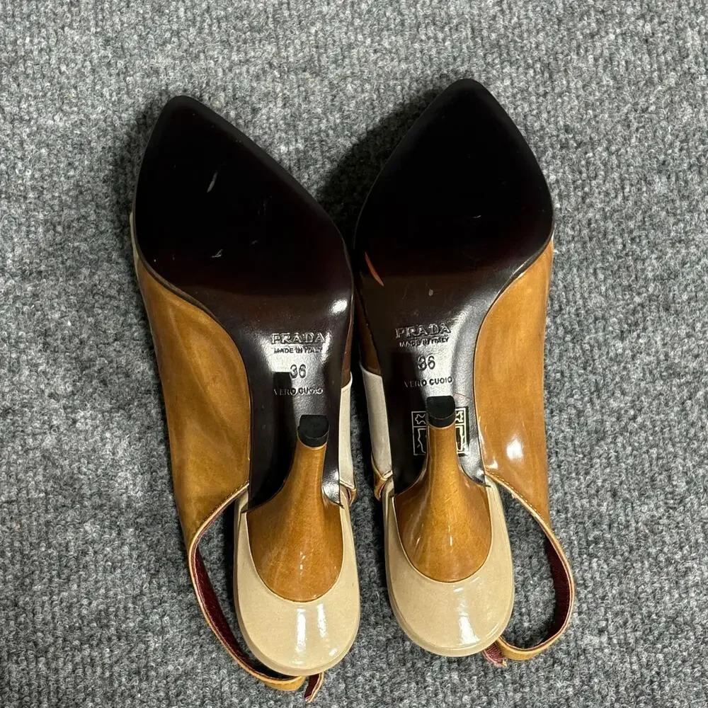 PRADA Shoes Womens 6 Multicolor Patchwork Slingback Heels Warm Toned Italy